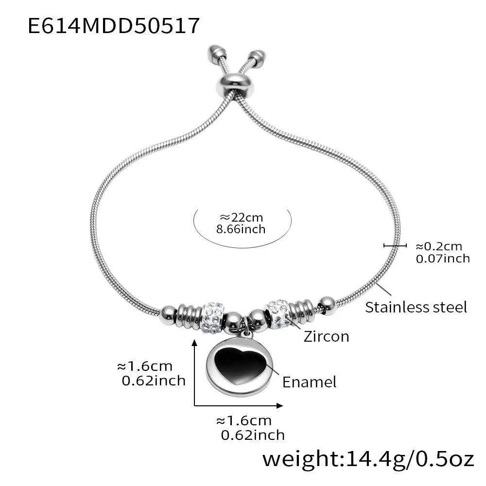 316L Stainless Steel Enamel Heart Zircon Charm Adjustable Bracelet - Image 7