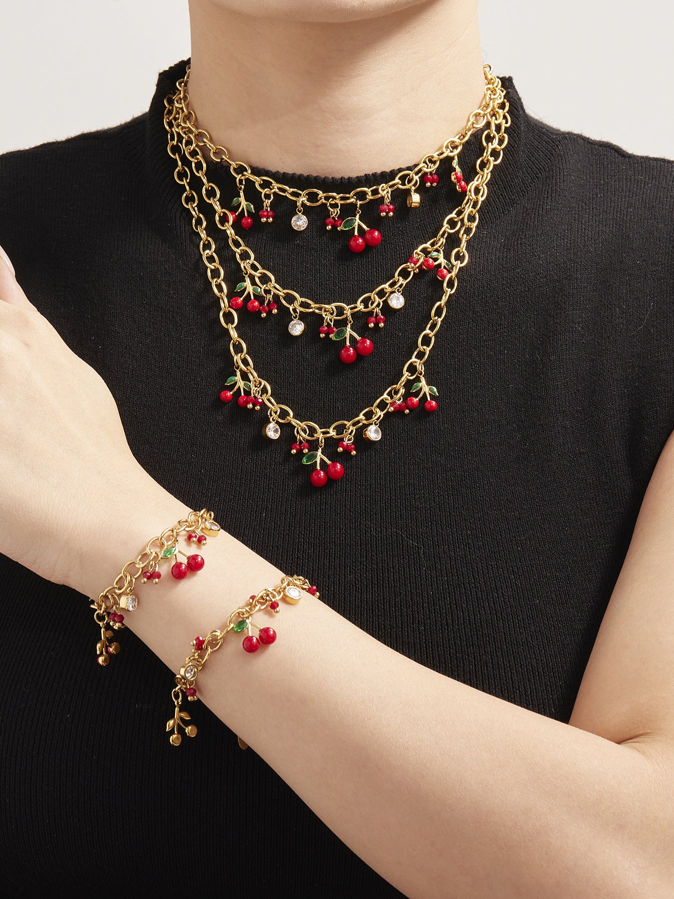316L Stainless Steel Enamel Red Cherry Zircon Necklace and Bracelet Set - Image 2