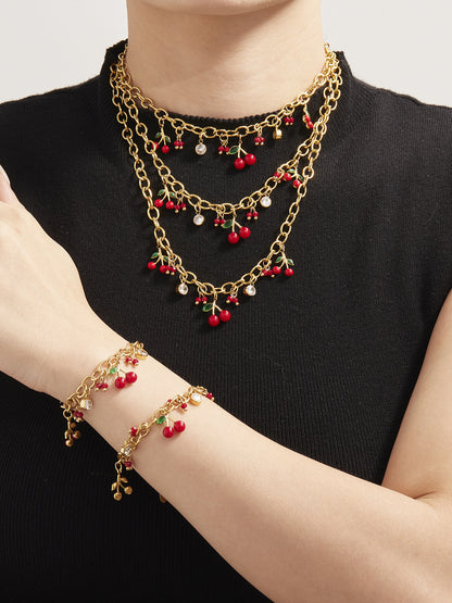316L Stainless Steel Enamel Red Cherry Zircon Necklace and Bracelet Set - Image 2