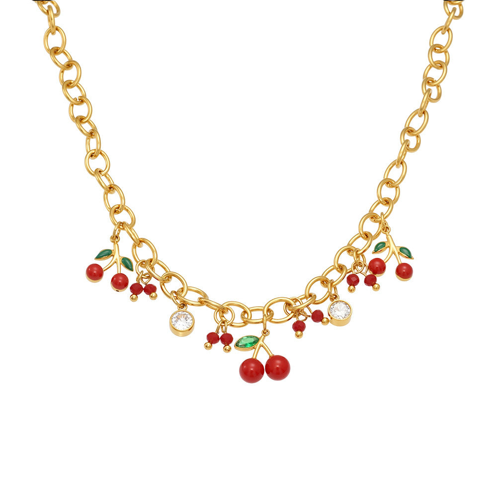 316L Stainless Steel Enamel Red Cherry Zircon Necklace and Bracelet Set - Image 3