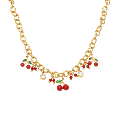 316L Stainless Steel Enamel Red Cherry Zircon Necklace and Bracelet Set - Image 3