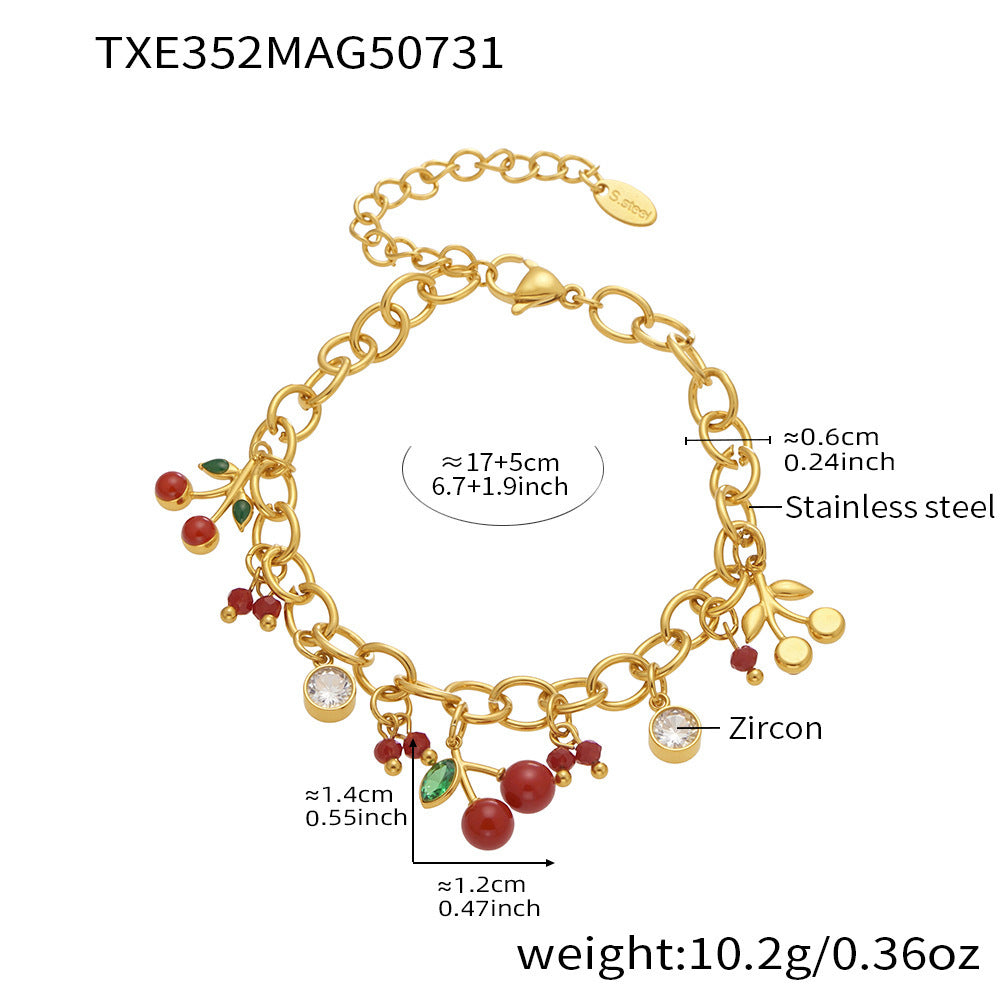316L Stainless Steel Enamel Red Cherry Zircon Necklace and Bracelet Set - Image 5