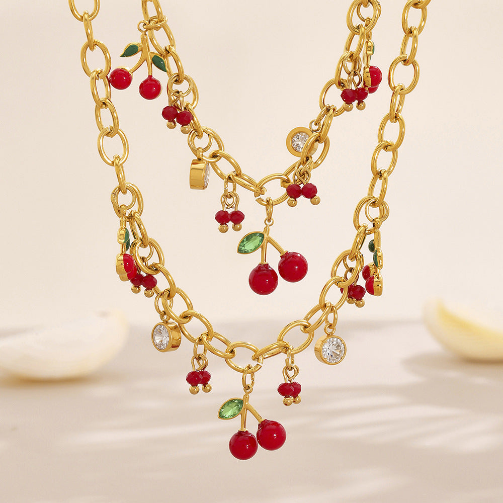 316L Stainless Steel Enamel Red Cherry Zircon Necklace and Bracelet Set - Image 6