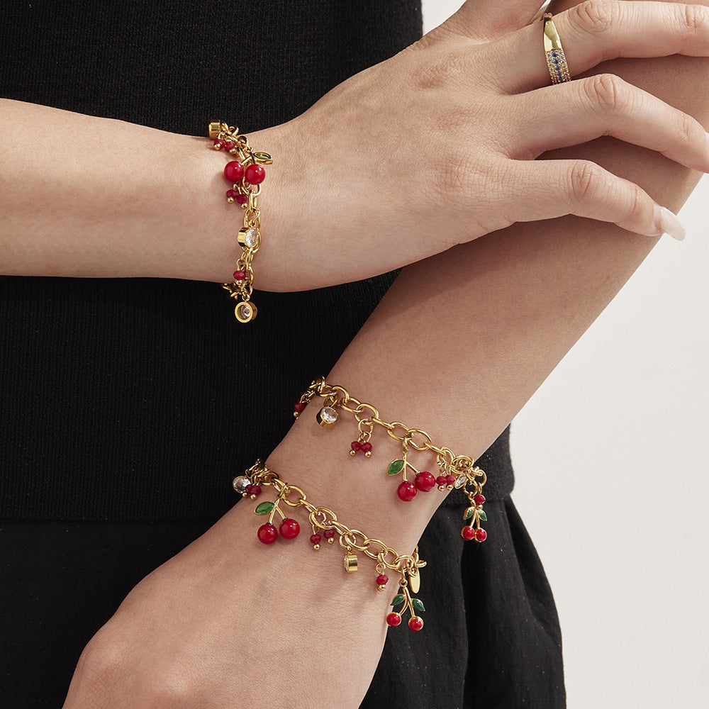 316L Stainless Steel Enamel Red Cherry Zircon Necklace and Bracelet Set - Image 7