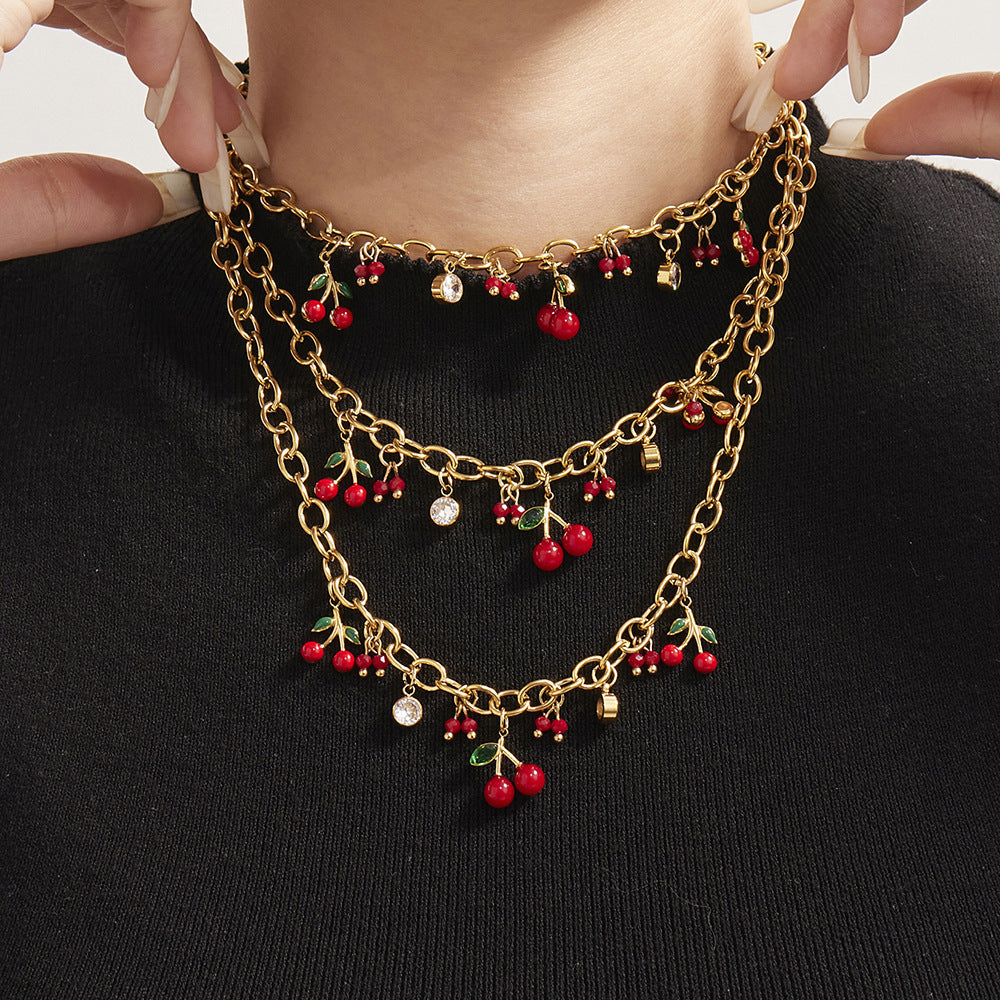 316L Stainless Steel Enamel Red Cherry Zircon Necklace and Bracelet Set - Image 8