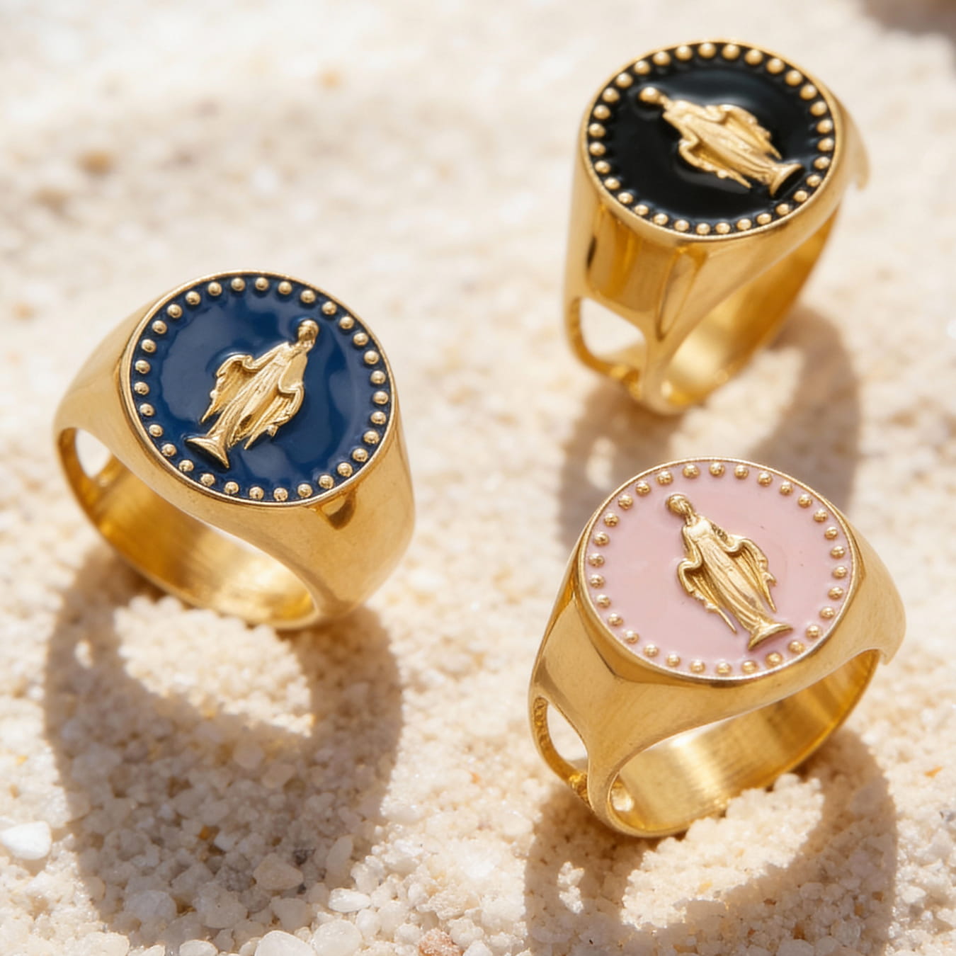 Lifestyle image of 316L stainless steel enamel signet rings with 18K PVD gold plating