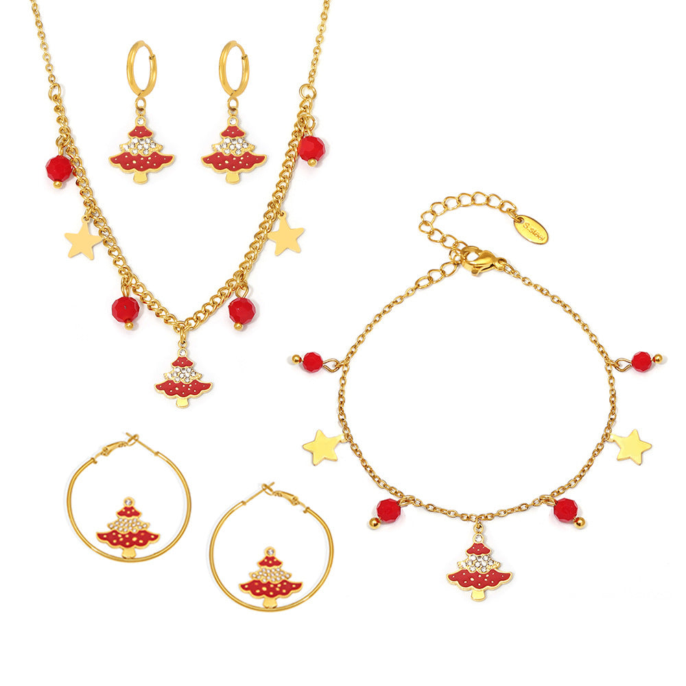 316L Stainless Steel Enamel & Zircon Christmas Tree Festive Jewelry Set - Image 2