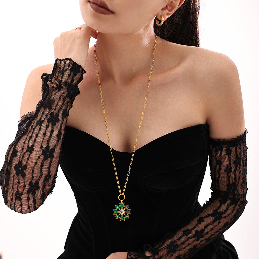 316L Stainless Steel Enamel Zircon Snowflake Pendant Necklace - Image 2