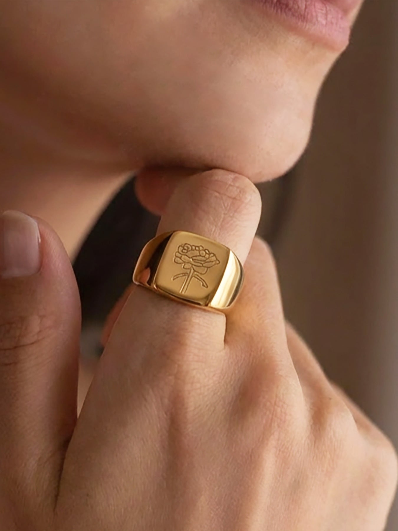 316L Stainless Steel Butterfly & Peony Engraved Signet Ring