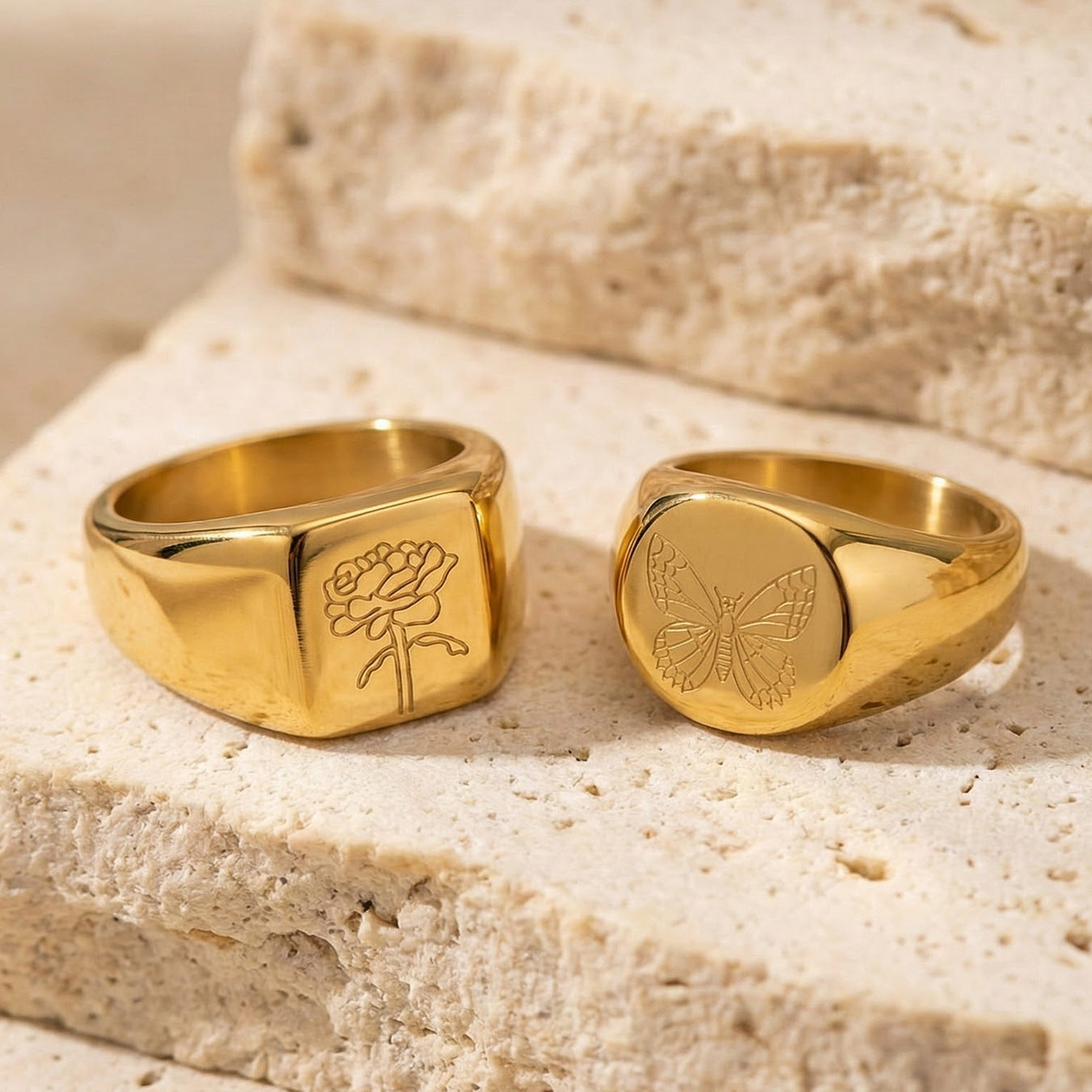 316L Stainless Steel Butterfly & Peony Engraved Signet Ring