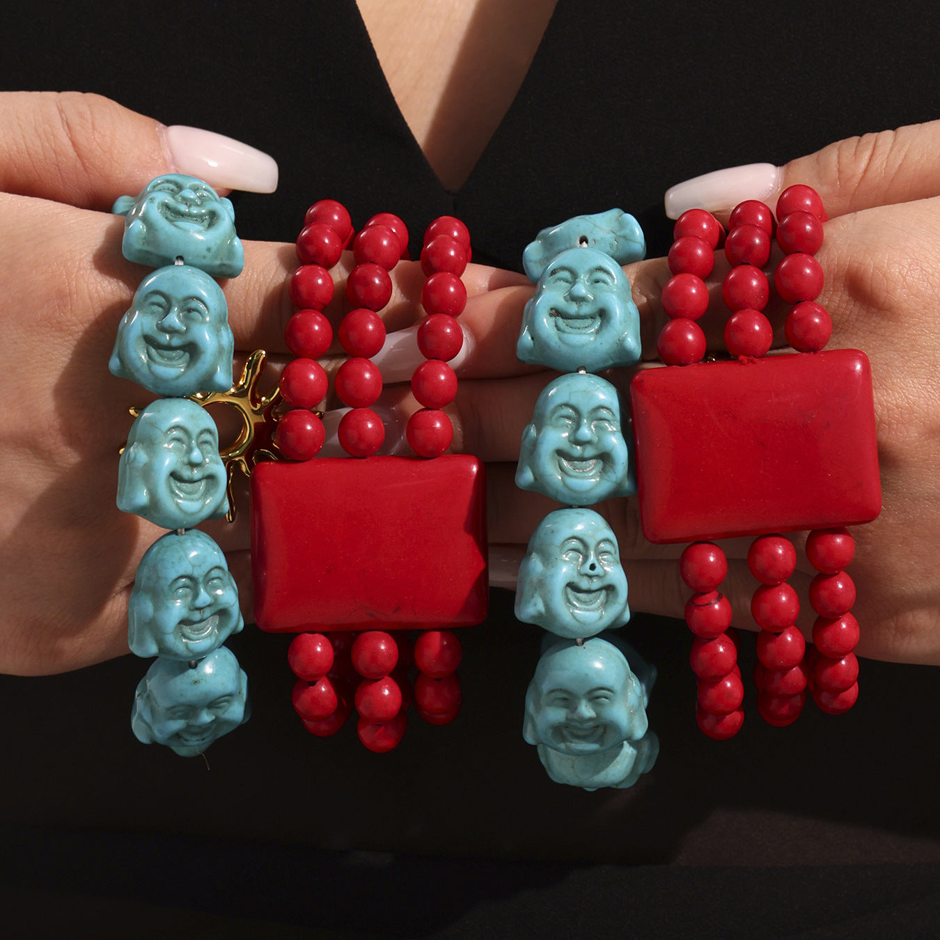 316L Stainless Steel Exquisitely Carved Natural Stone Maitreya Buddha Beaded Bracelet - Image 3