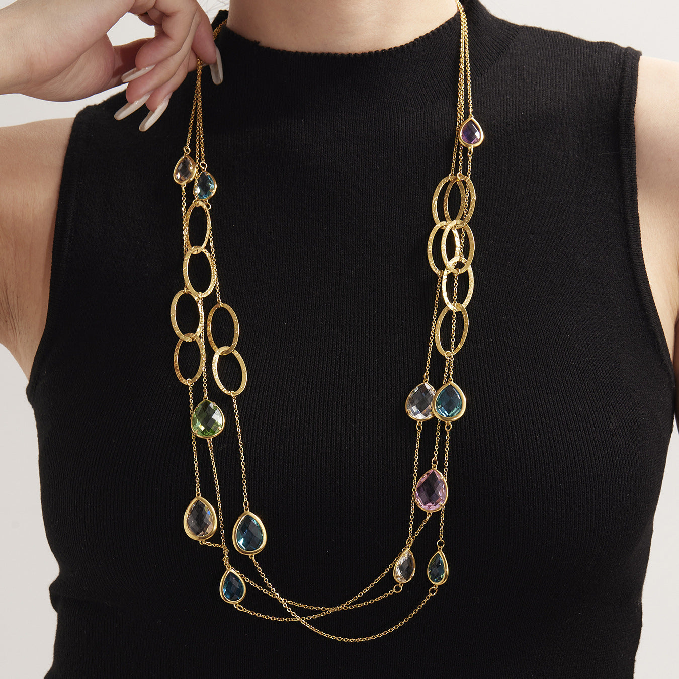 316L Stainless Steel Faceted Glass & Hollow Circle Long Statement Necklace