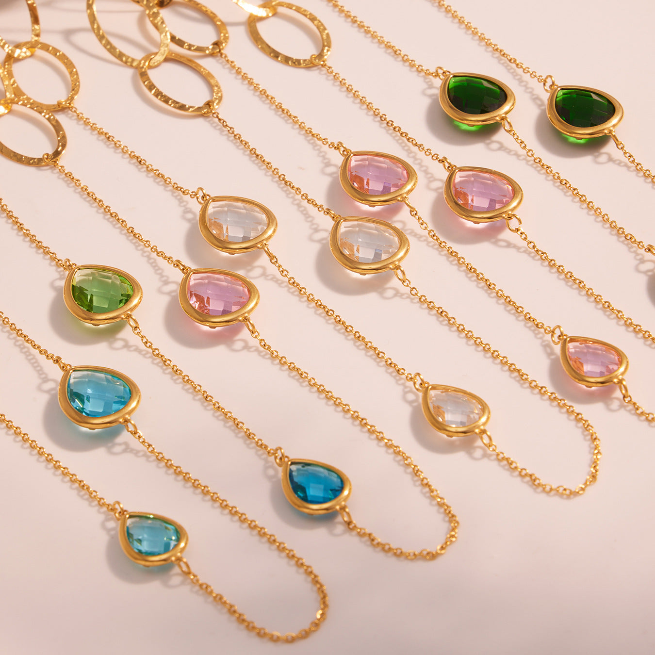 316L Stainless Steel Faceted Glass & Hollow Circle Long Statement Necklace