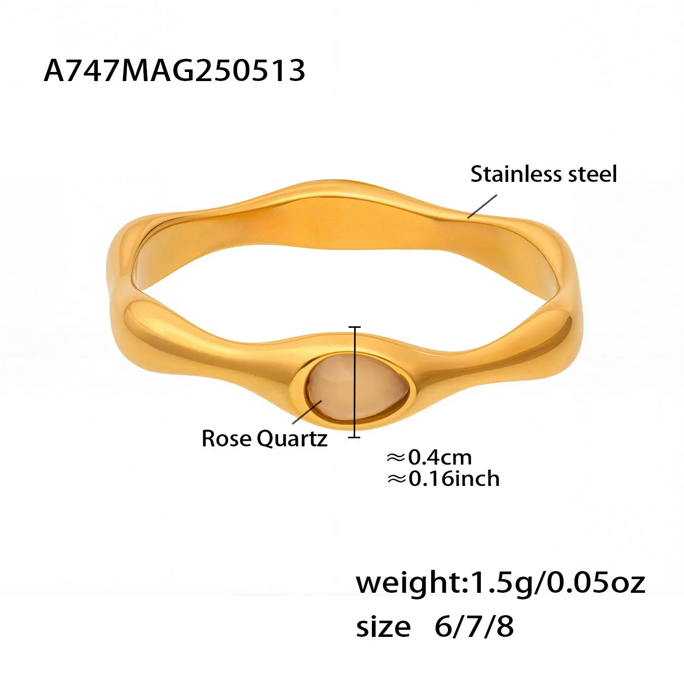 316L Stainless Steel Faceted Natural Rose Quartz Bamboo Ring - Image 5