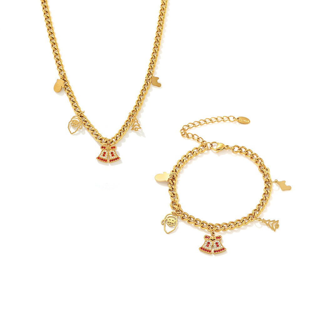 316L Stainless Steel Festive Zircon Bell Necklace & Bracelet Set - Image 4