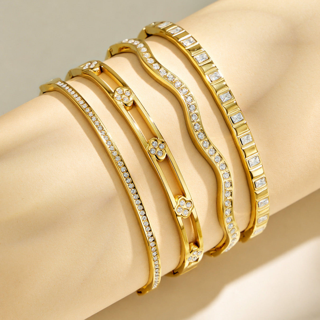 316L Stainless Steel 18K PVD Gold Flower Bangle made with 316L stainless steel and 18K PVD gold finish for wholesale jewelry buyers - image 7