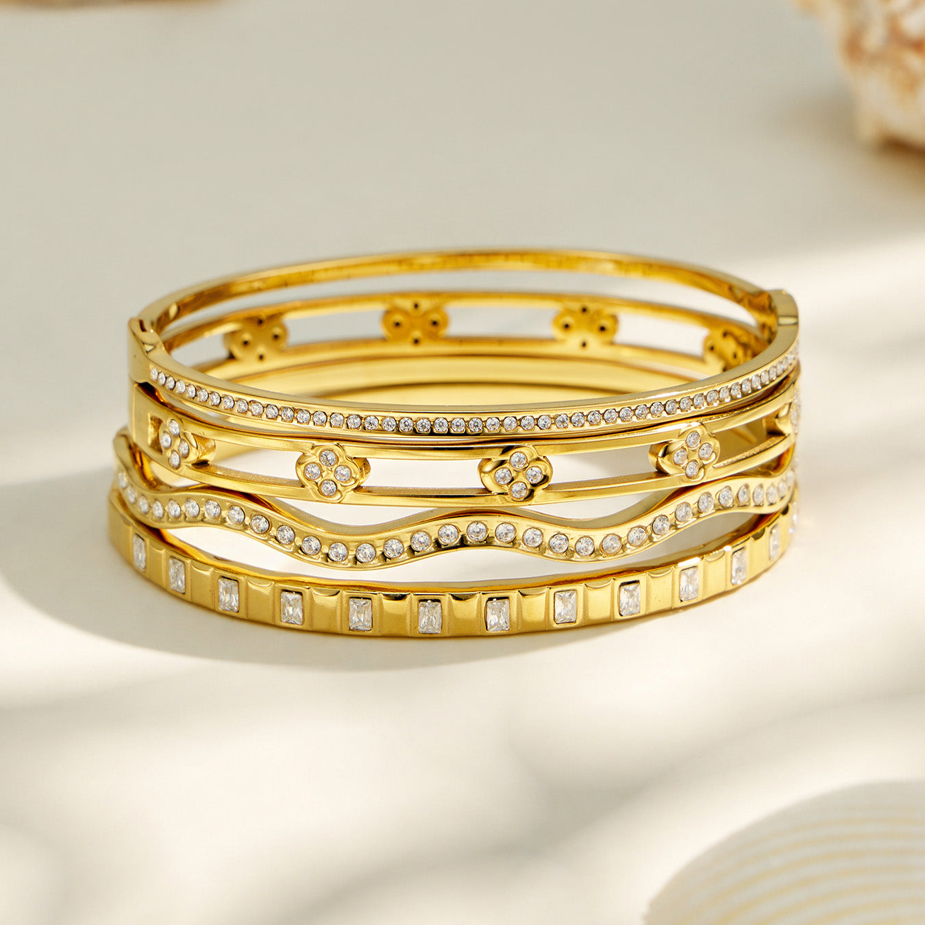 316L Stainless Steel 18K PVD Gold Flower Bangle made with 316L stainless steel and 18K PVD gold finish for wholesale jewelry buyers - image 8