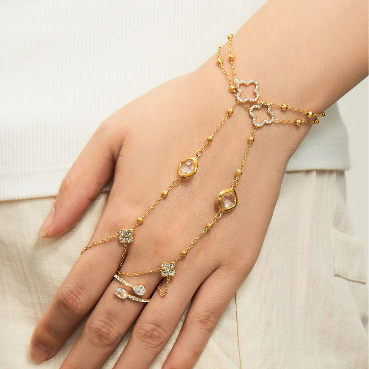 304 Stainless Steel 18K PVD Gold Flower Ring Bracelet made with 304 Stainless Steel and 18K PVD gold finish for wholesale jewelry buyers - image 13