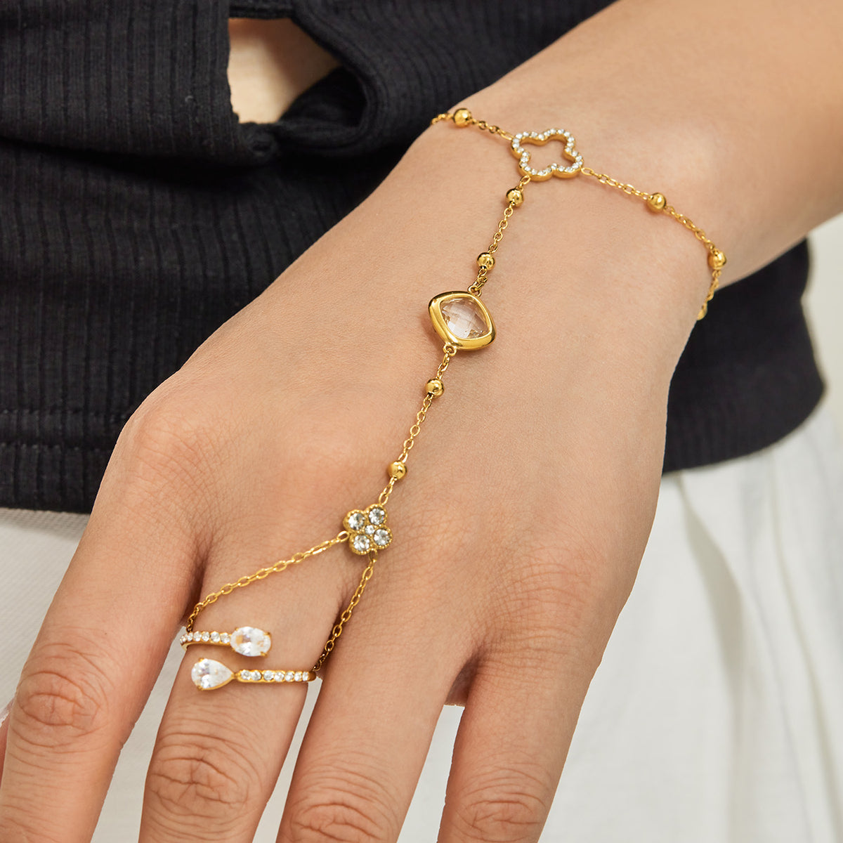 304 Stainless Steel 18K PVD Gold Flower Ring Bracelet made with 304 Stainless Steel and 18K PVD gold finish for wholesale jewelry buyers - image 19