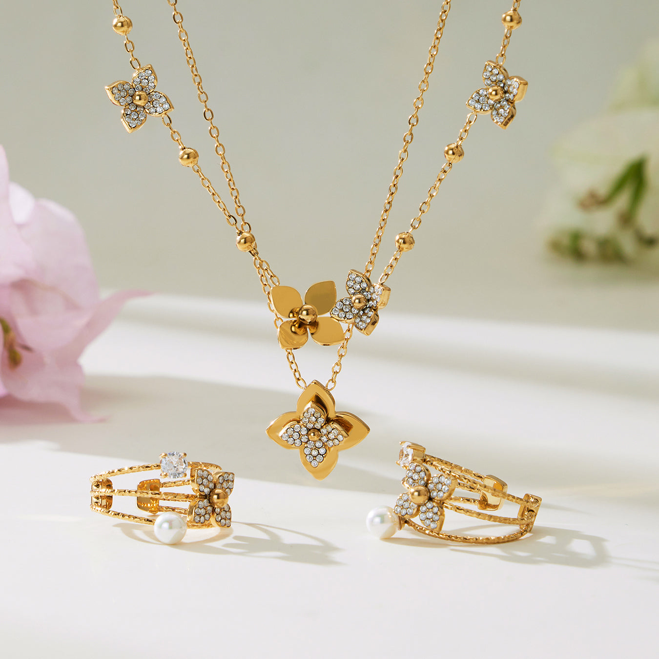 316L Stainless Steel Flower CZ Jewelry Set