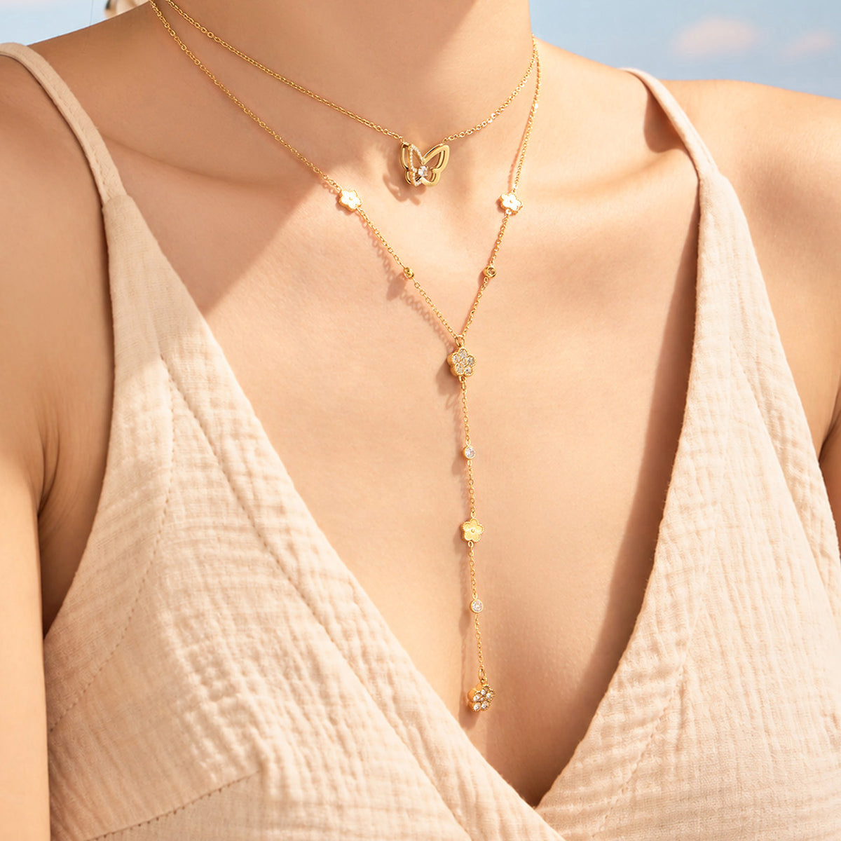 316L Stainless Steel 18K PVD Gold Flower Y Necklace made with 316L stainless steel and 18K PVD gold finish for wholesale jewelry buyers - image 3