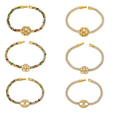 Flower zircon bracelet collection with white and multicolor stones in three decorative center designs