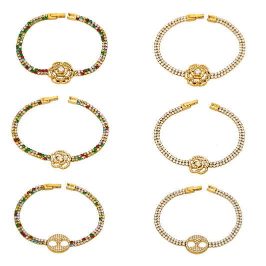 Flower zircon bracelet collection with white and multicolor stones in three decorative center designs