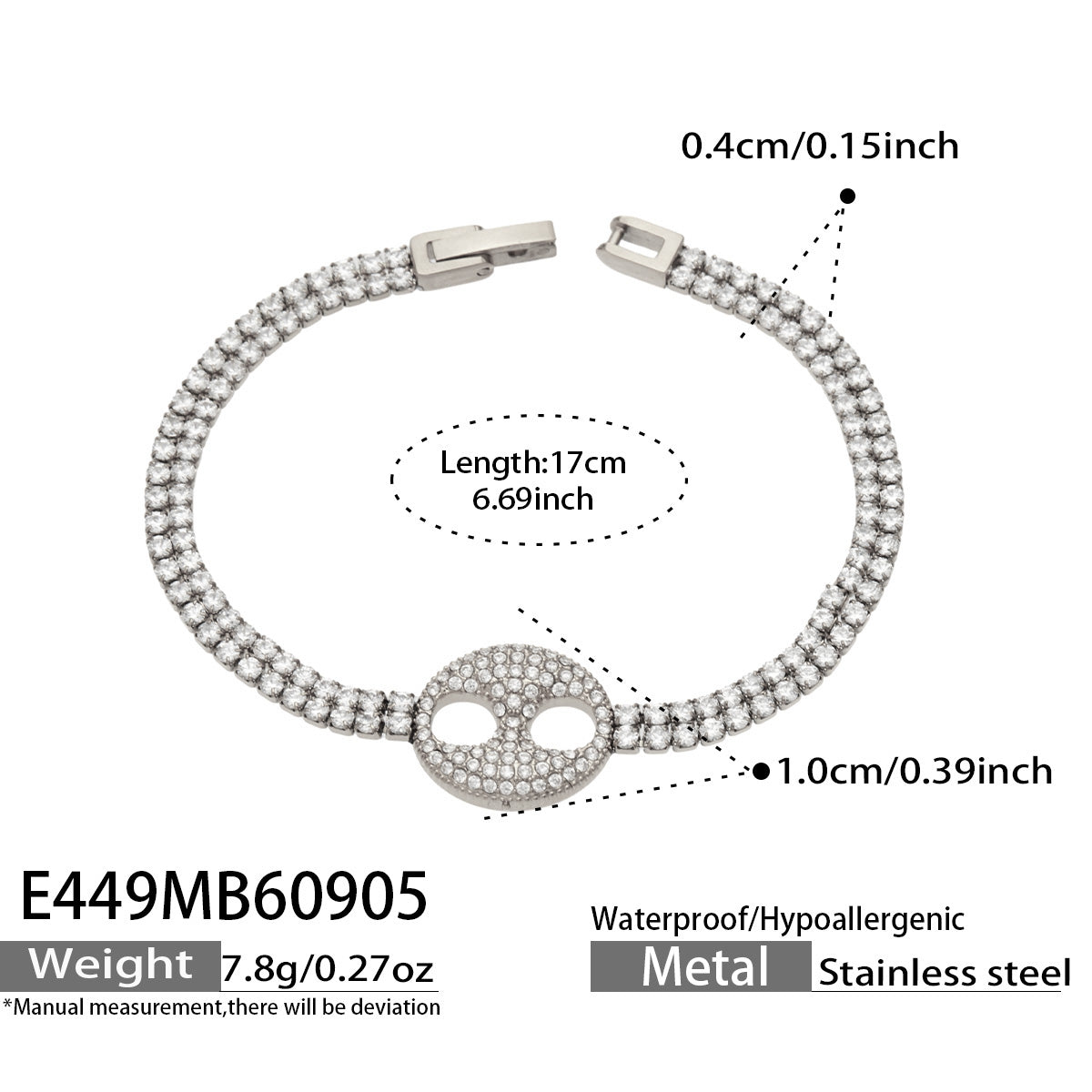 E449 white zircon double-ring bracelet in steel finish with product measurements