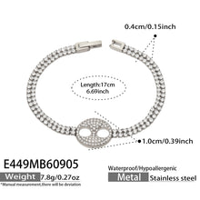 E449 white zircon double-ring bracelet in steel finish with product measurements
