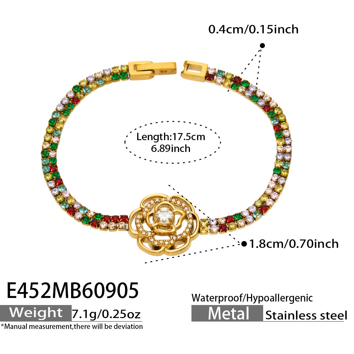 E452 multicolor zircon large flower bracelet in gold finish with product measurements