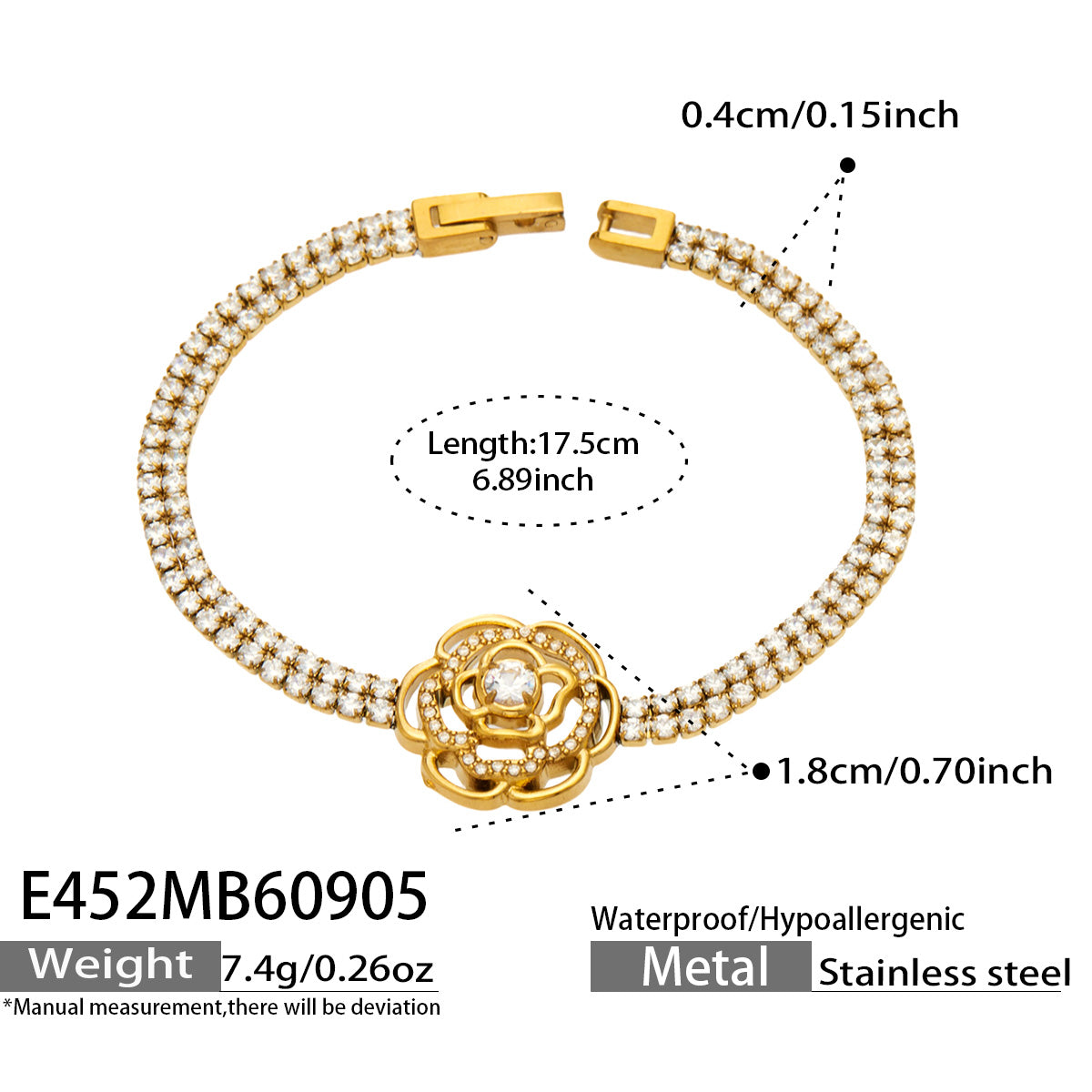E452 white zircon large flower bracelet in gold finish with product measurements