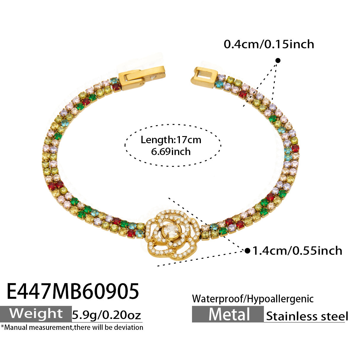 E447 multicolor zircon small flower bracelet in gold finish with product measurements