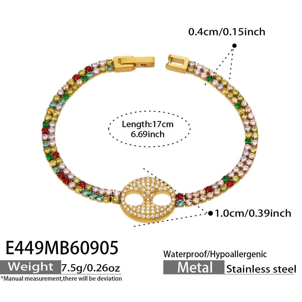 E449 multicolor zircon double-ring bracelet in gold finish with product measurements