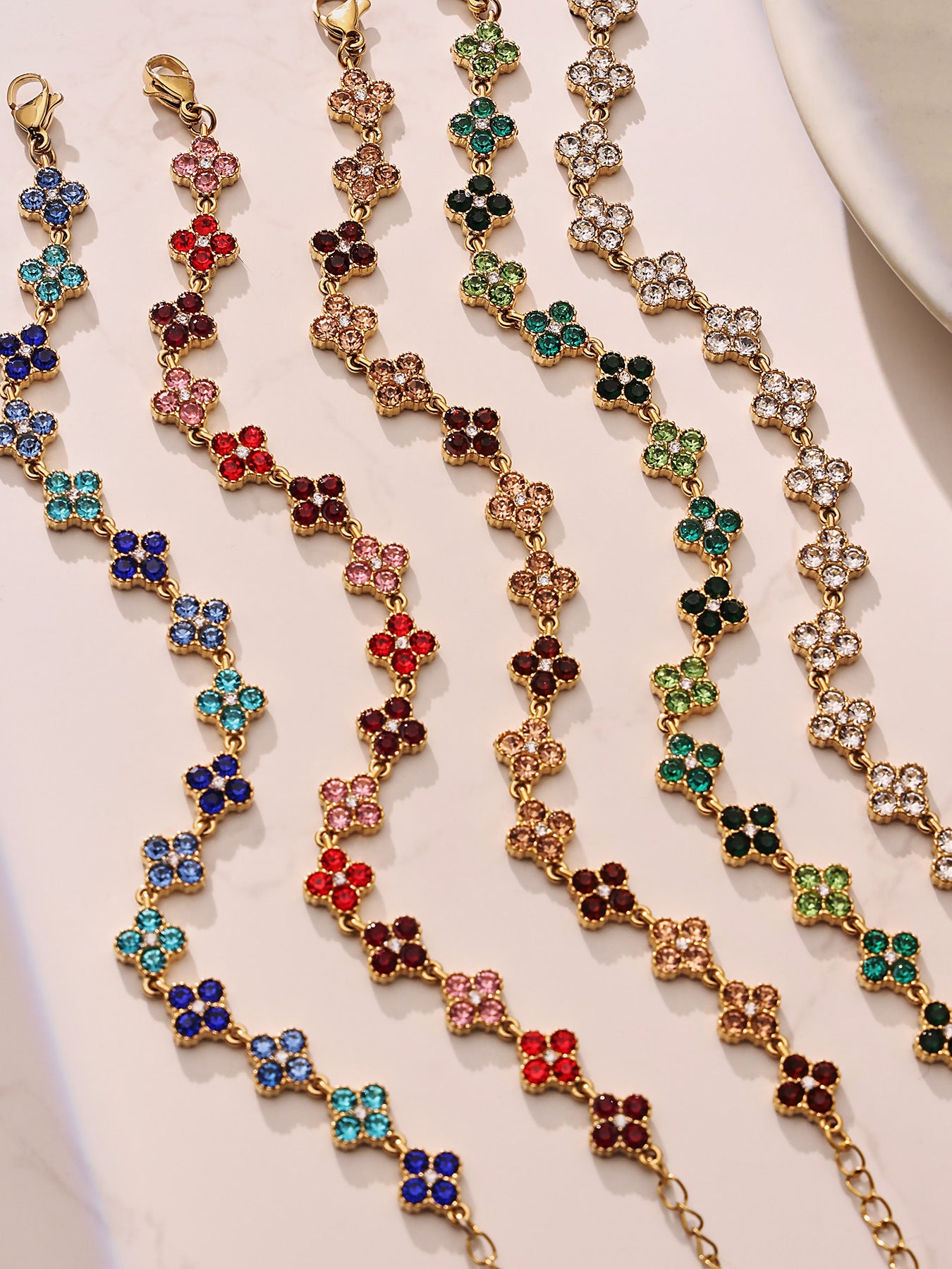 316L Stainless Steel Dopamine Four-Leaf Zircon Jewelry Set – Ring Necklace Bracelet Earrings