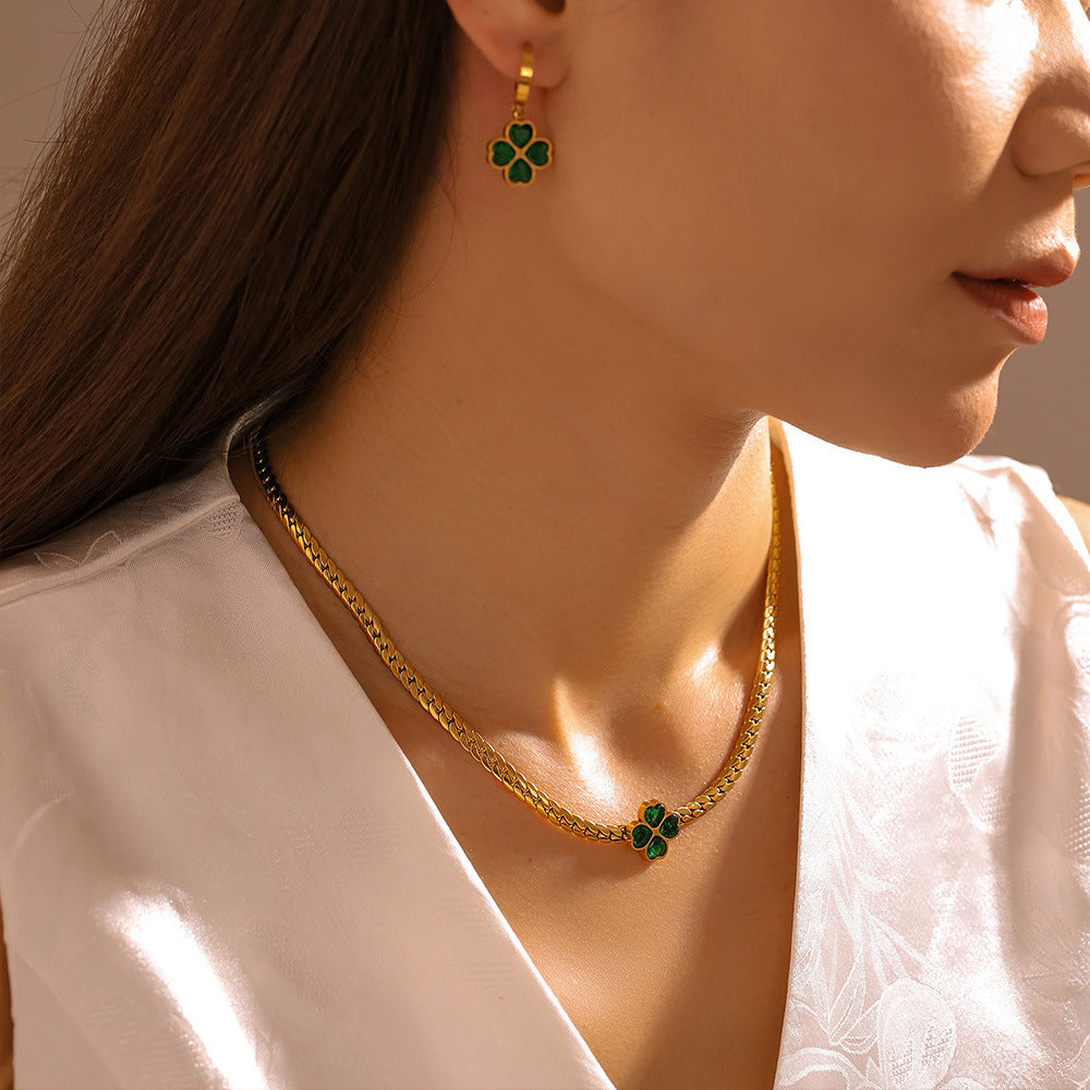 316L Stainless Steel Four-Leaf Clover Heart Glass Stone Jewelry Set - Image 2