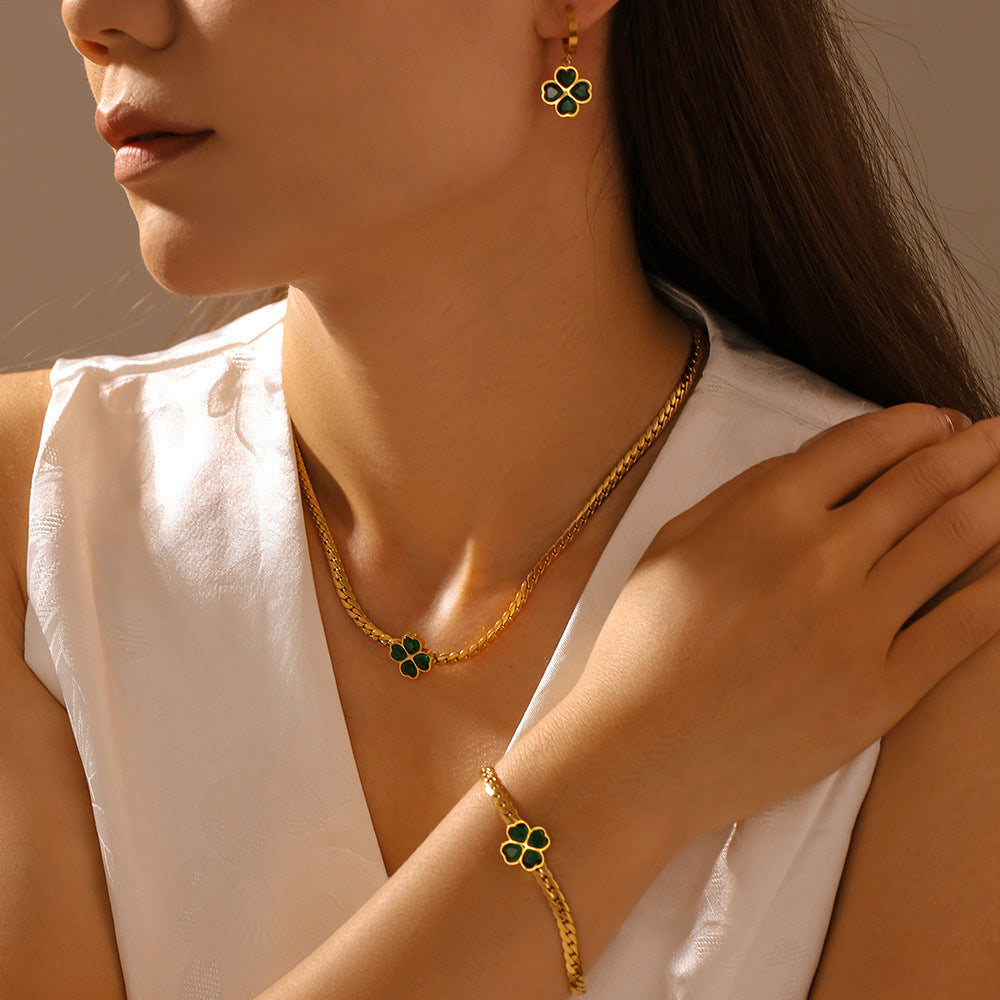 316L Stainless Steel Four-Leaf Clover Heart Glass Stone Jewelry Set - Image 3
