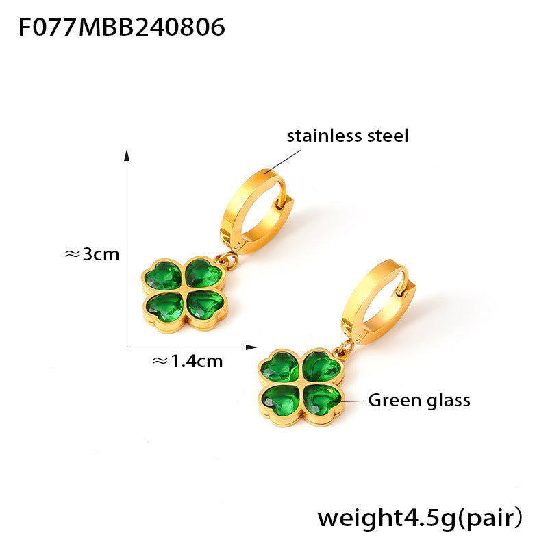 316L Stainless Steel Four-Leaf Clover Heart Glass Stone Jewelry Set - Image 5