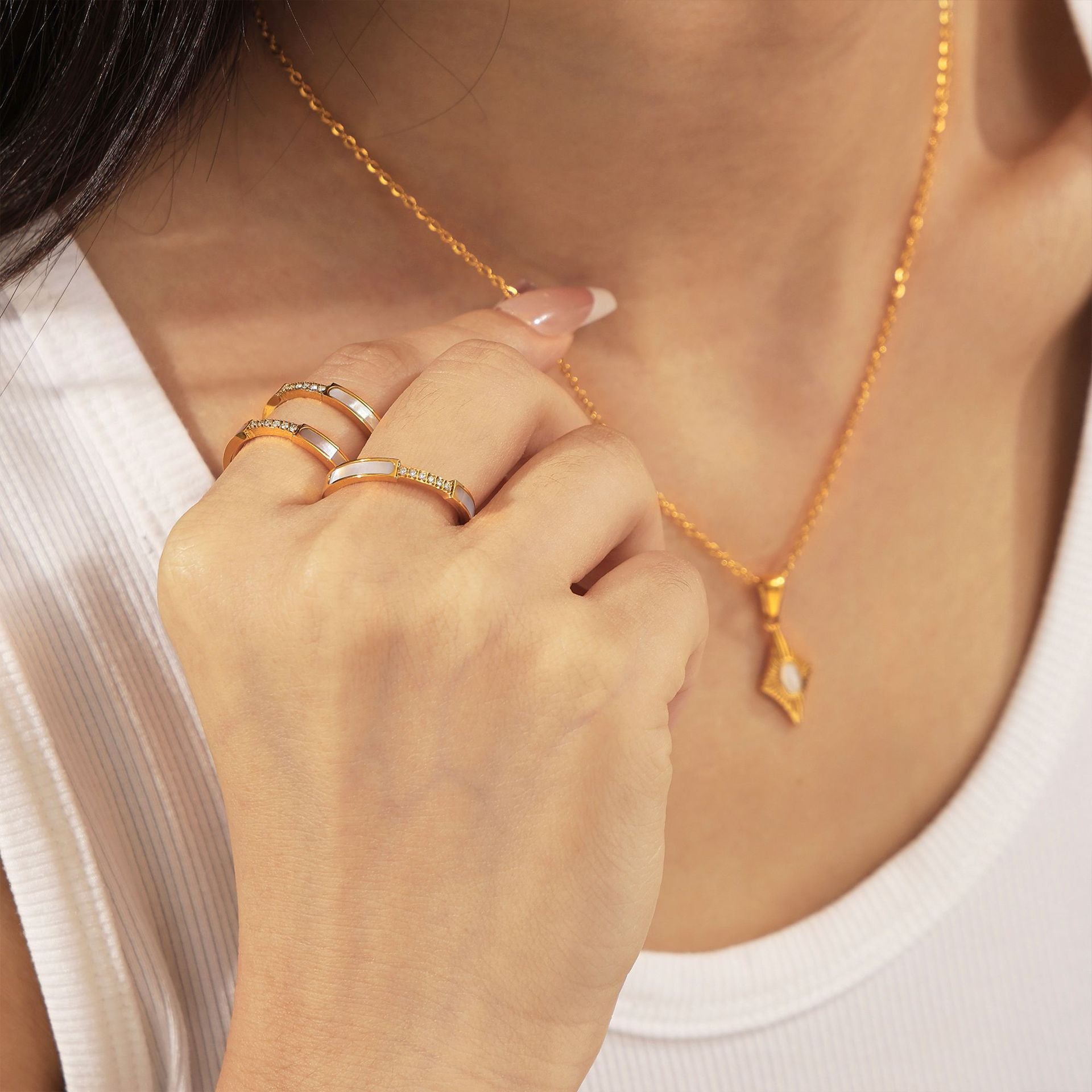 316L Stainless Steel Four-Pointed Star Cat's Eye Pendant Necklace & Seashell Ring Collection - Image 11