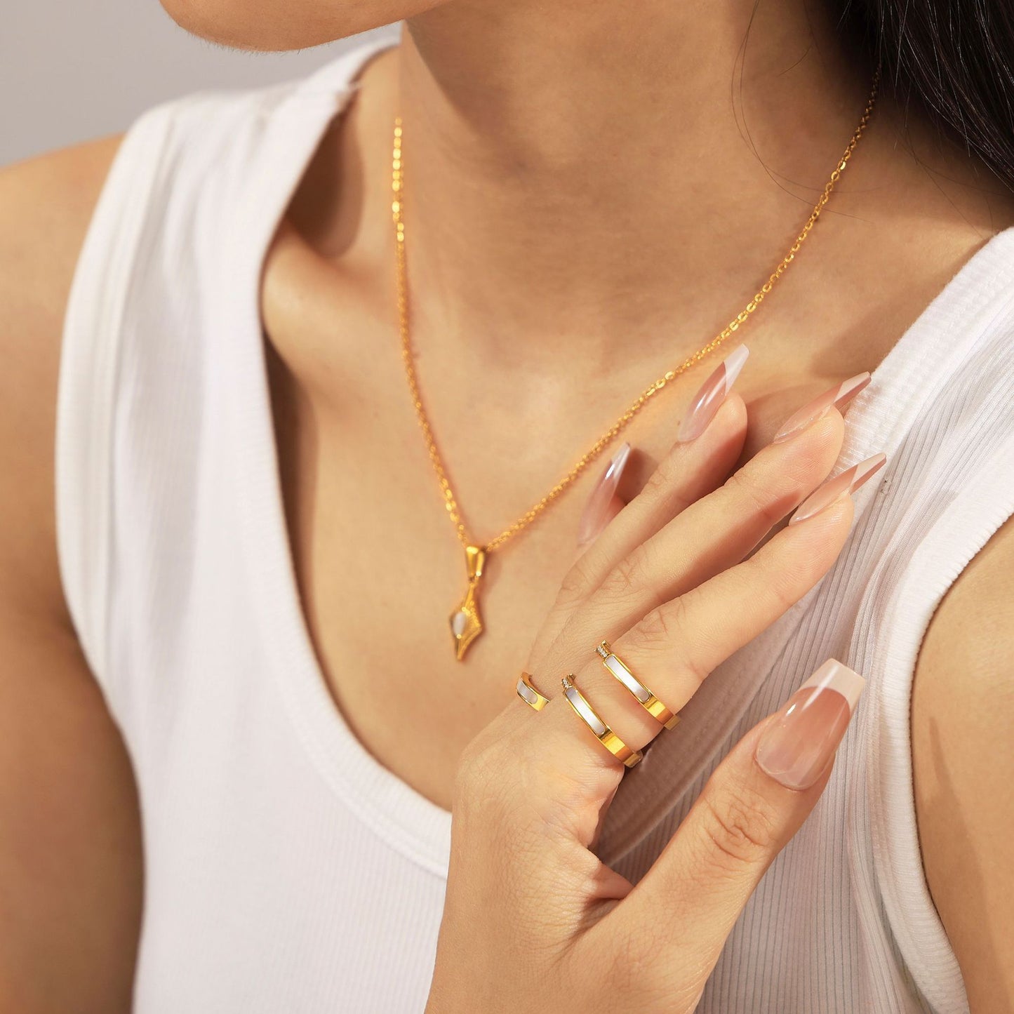 316L Stainless Steel Four-Pointed Star Cat's Eye Pendant Necklace & Seashell Ring Collection - Image 12