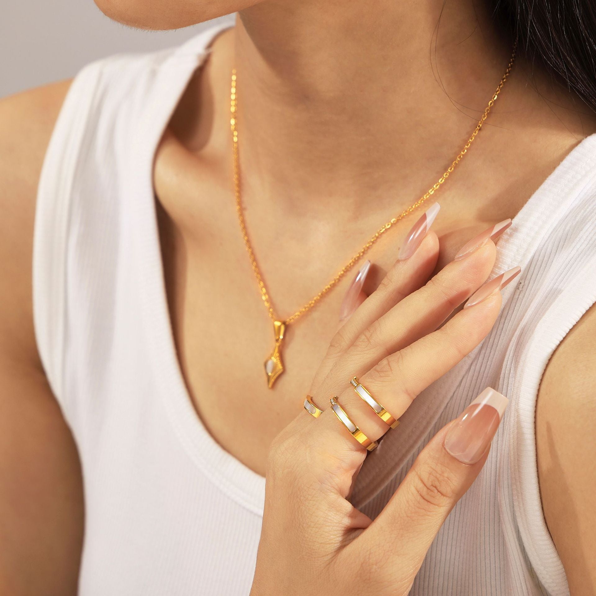 316L Stainless Steel Four-Pointed Star Cat's Eye Pendant Necklace & Seashell Ring Collection - Image 12