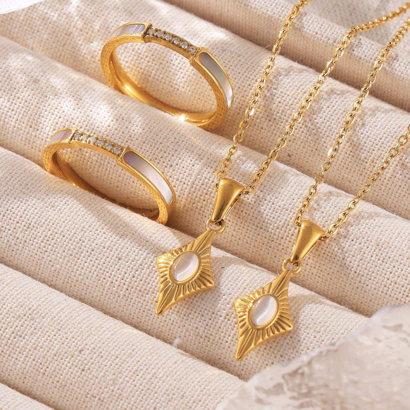 316L Stainless Steel Four-Pointed Star Cat's Eye Pendant Necklace & Seashell Ring Collection - Image 2
