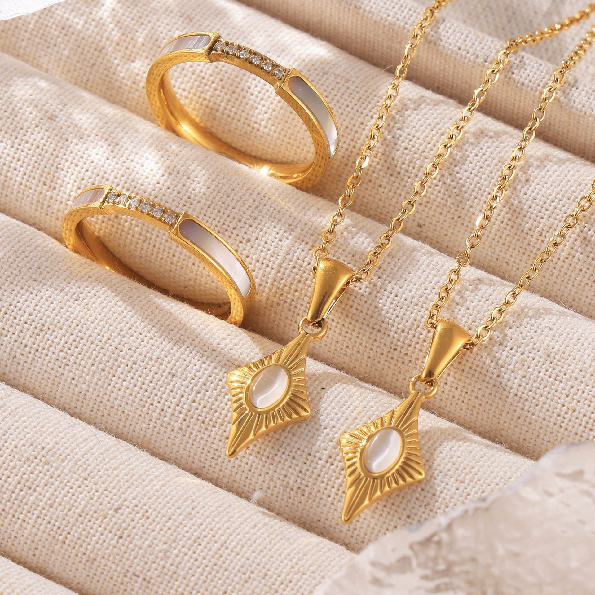 316L Stainless Steel Four-Pointed Star Cat's Eye Pendant Necklace & Seashell Ring Collection - Image 2