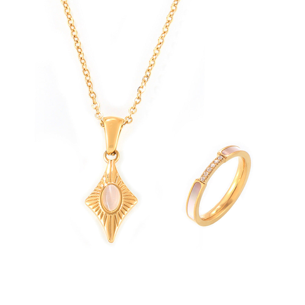316L Stainless Steel Four-Pointed Star Cat's Eye Pendant Necklace & Seashell Ring Collection - Image 7