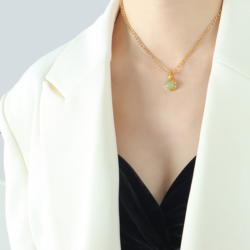 316L Stainless Steel French Chic Green Aventurine Pendant Necklace & Earrings Set - Image 1