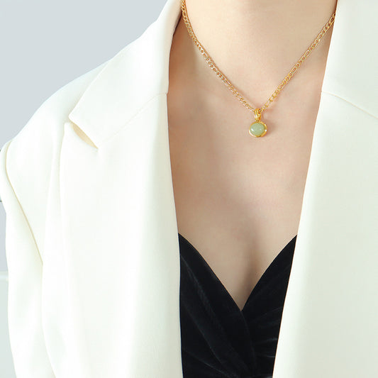 316L Stainless Steel French Chic Green Aventurine Pendant Necklace & Earrings Set - Image 1