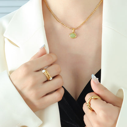 316L Stainless Steel French Chic Green Aventurine Pendant Necklace & Earrings Set - Image 3