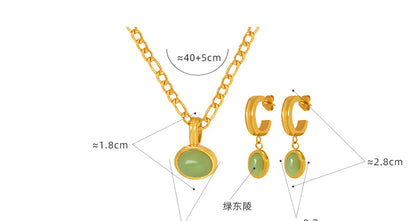 316L Stainless Steel French Chic Green Aventurine Pendant Necklace & Earrings Set - Image 4