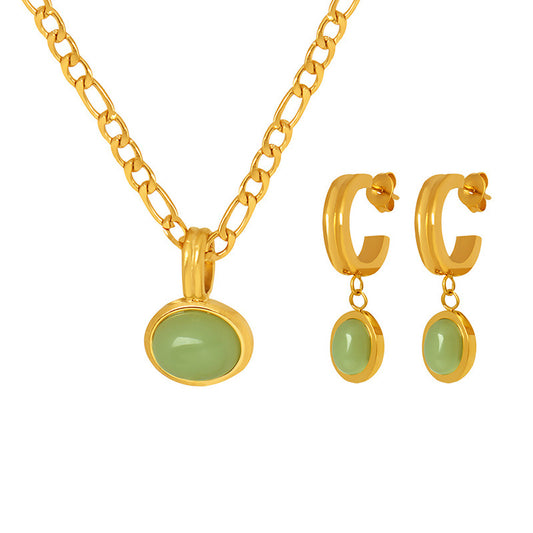 316L Stainless Steel French Chic Green Aventurine Pendant Necklace & Earrings Set - Image 5
