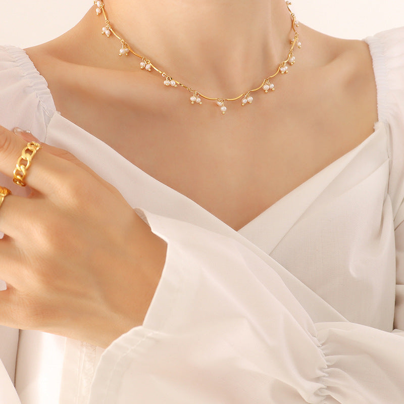 316L Stainless Steel French Chic Natural Freshwater Pearl Necklace - Image 5