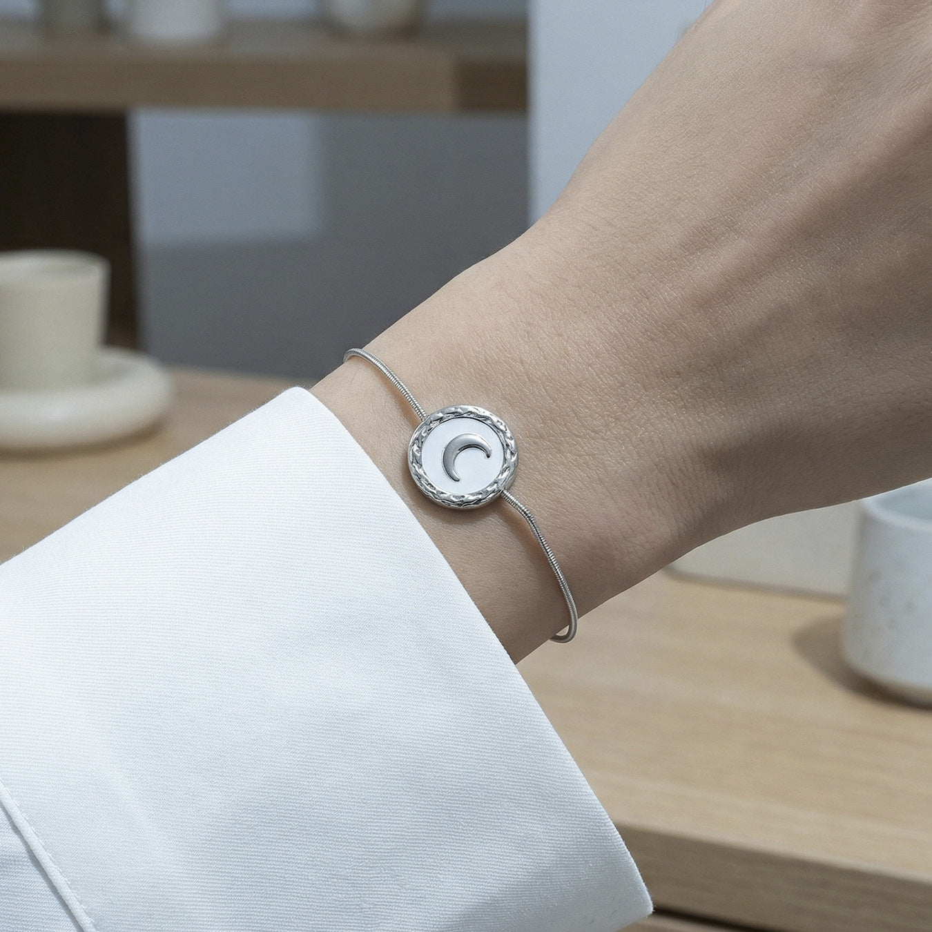 316L Stainless Steel French Chic Natural White Shell Crescent Moon Bracelet - Image 3